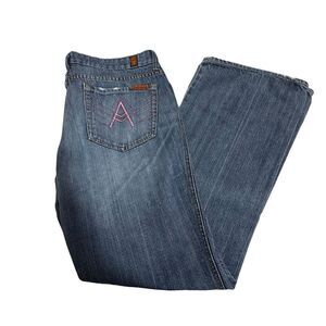 7 for All Mankind Distressed Flared Denim Blue Jeans Pink Embroidery Sz 32